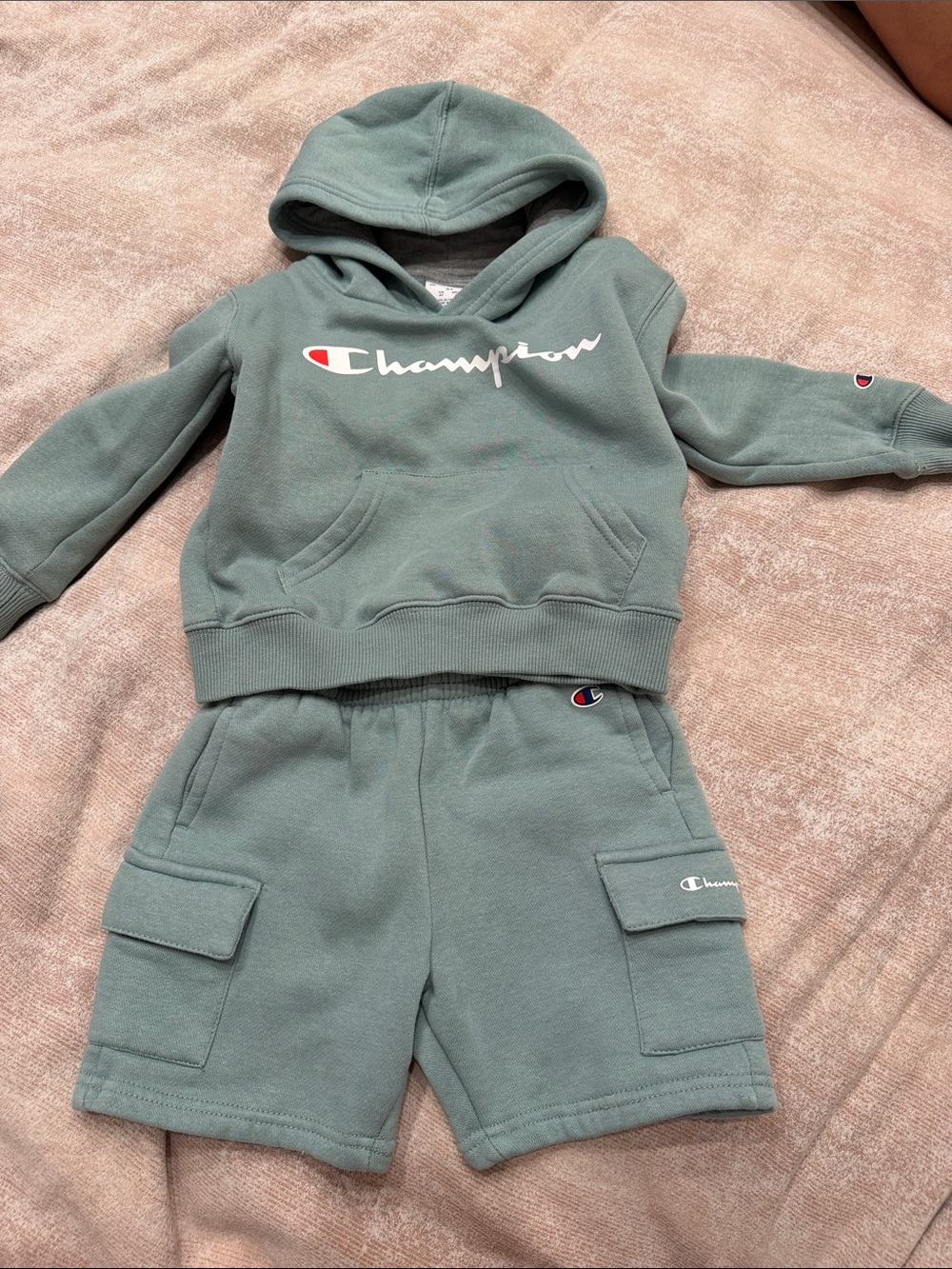Champion Kids Sage Green Hoodie & Cargo Shorts Set